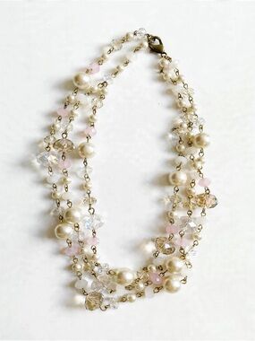 Triple-Strand Pearl and Iridescent Bead Statement Necklace